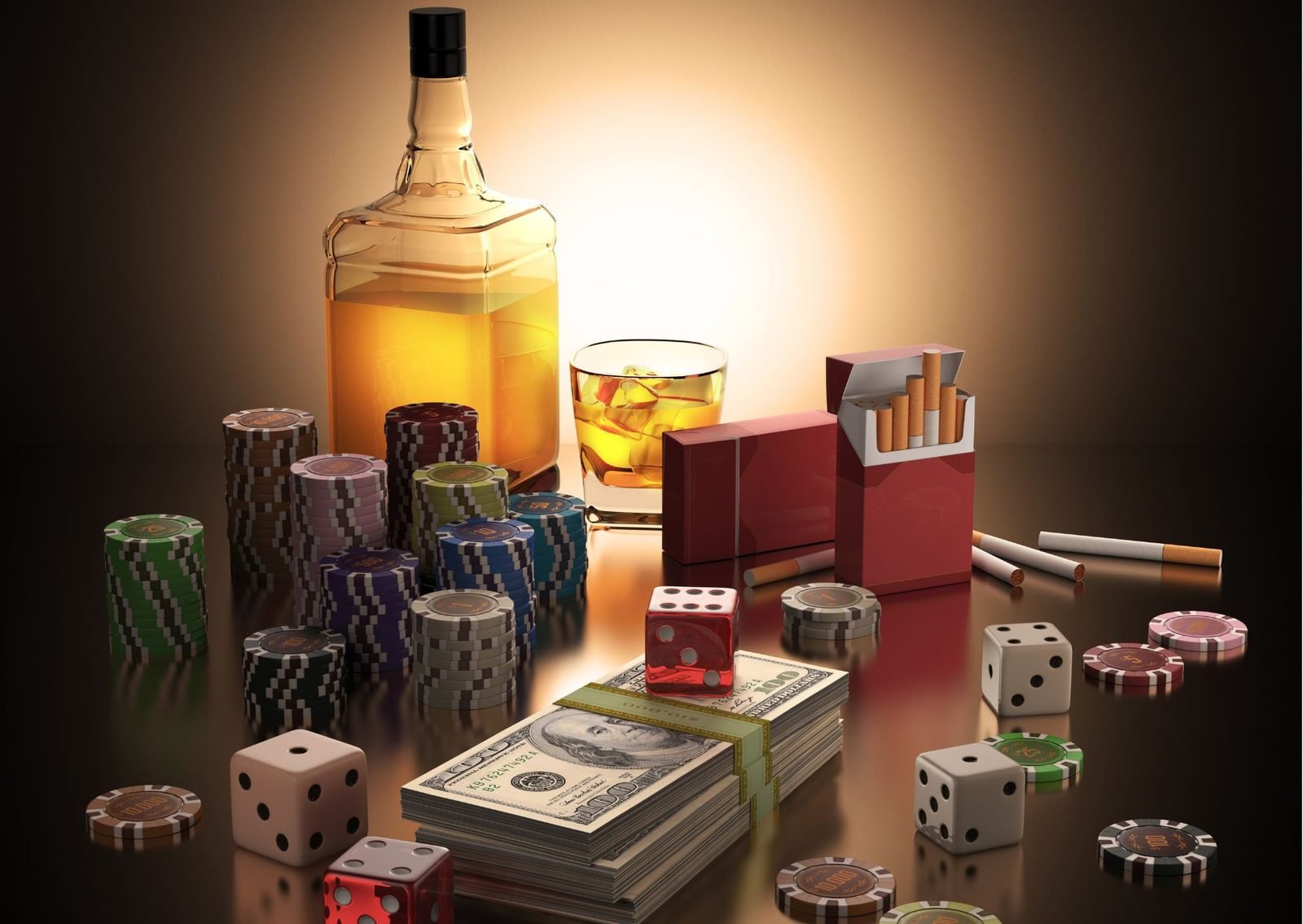 A bottle of whisky, cigarettes, dice, gambling chips and a bundle of cash: common sources of addiction