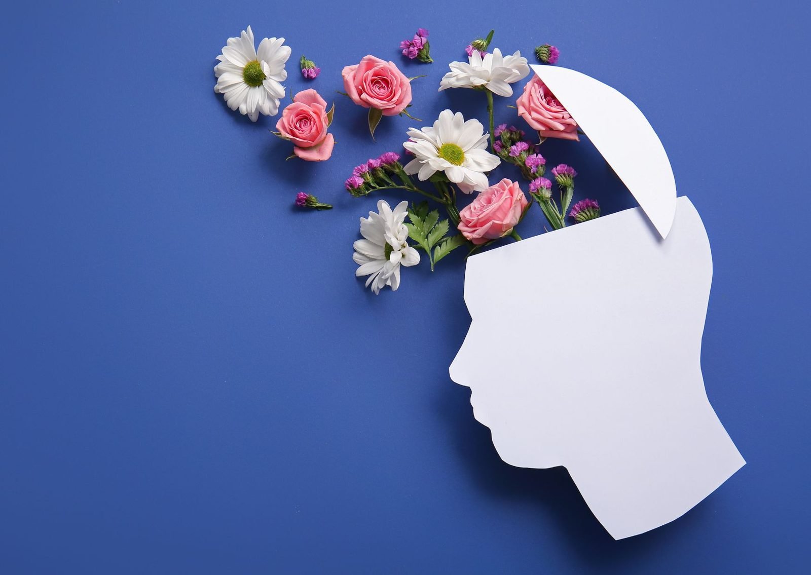 A paper cut-out of a head opening to release fresh flowers, on a blue background